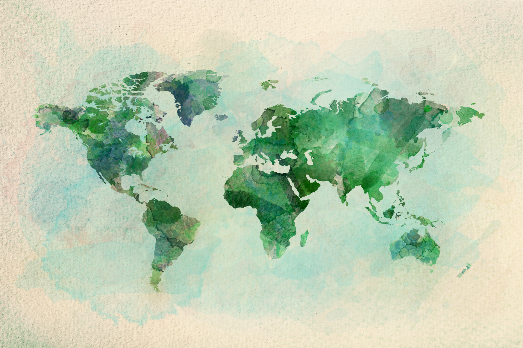 Watercolor Vintage World Map in Green Colors